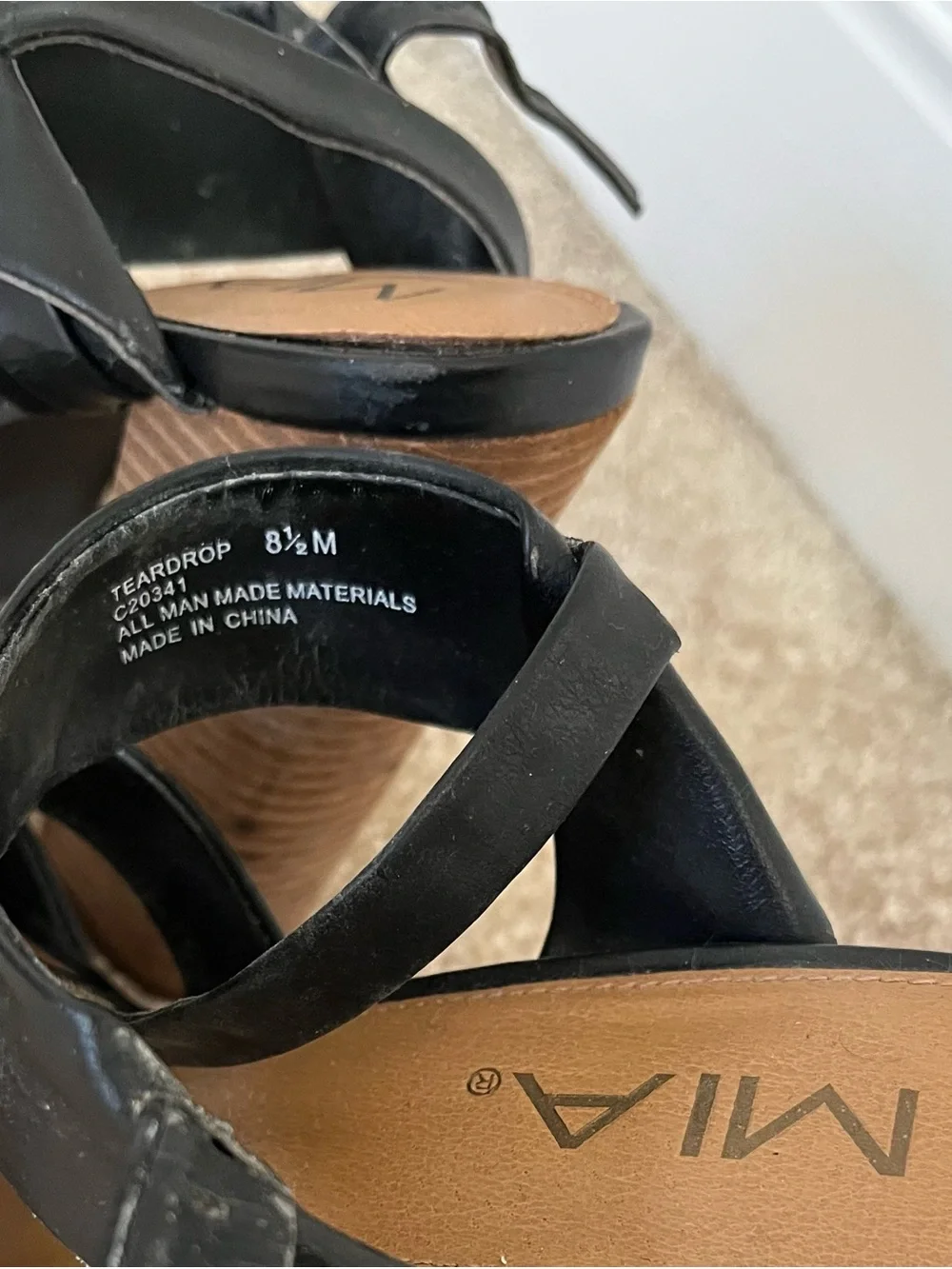 MIA Black Leather Platform Block Heel Sandals with Wood-Look Sole
